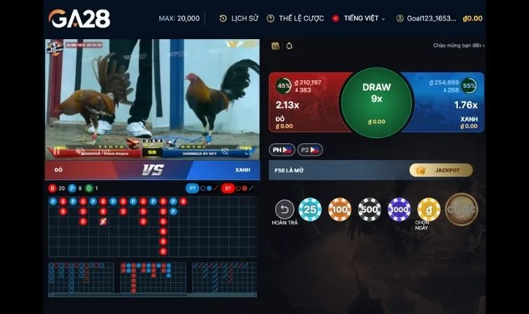 Giao diện đặt cược Đá Gà GA28 Tại SM66